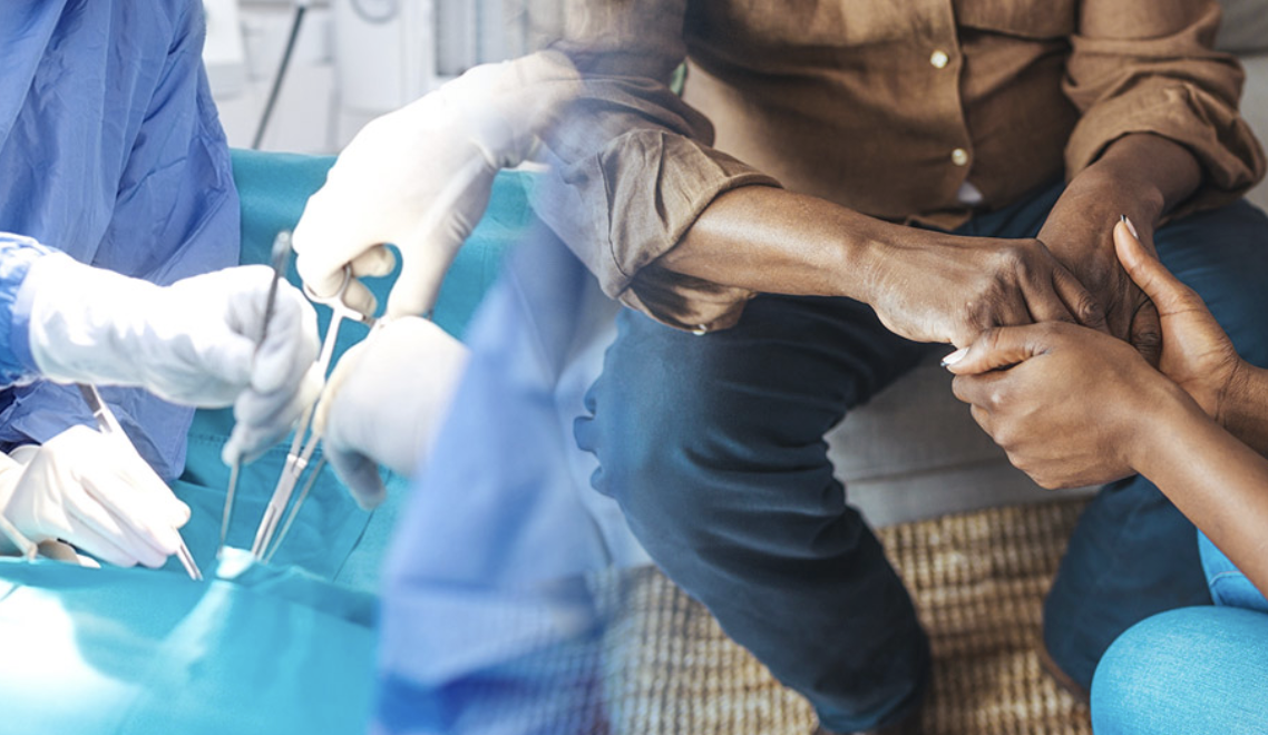 Hands perform surgery next to hands comforting each other.